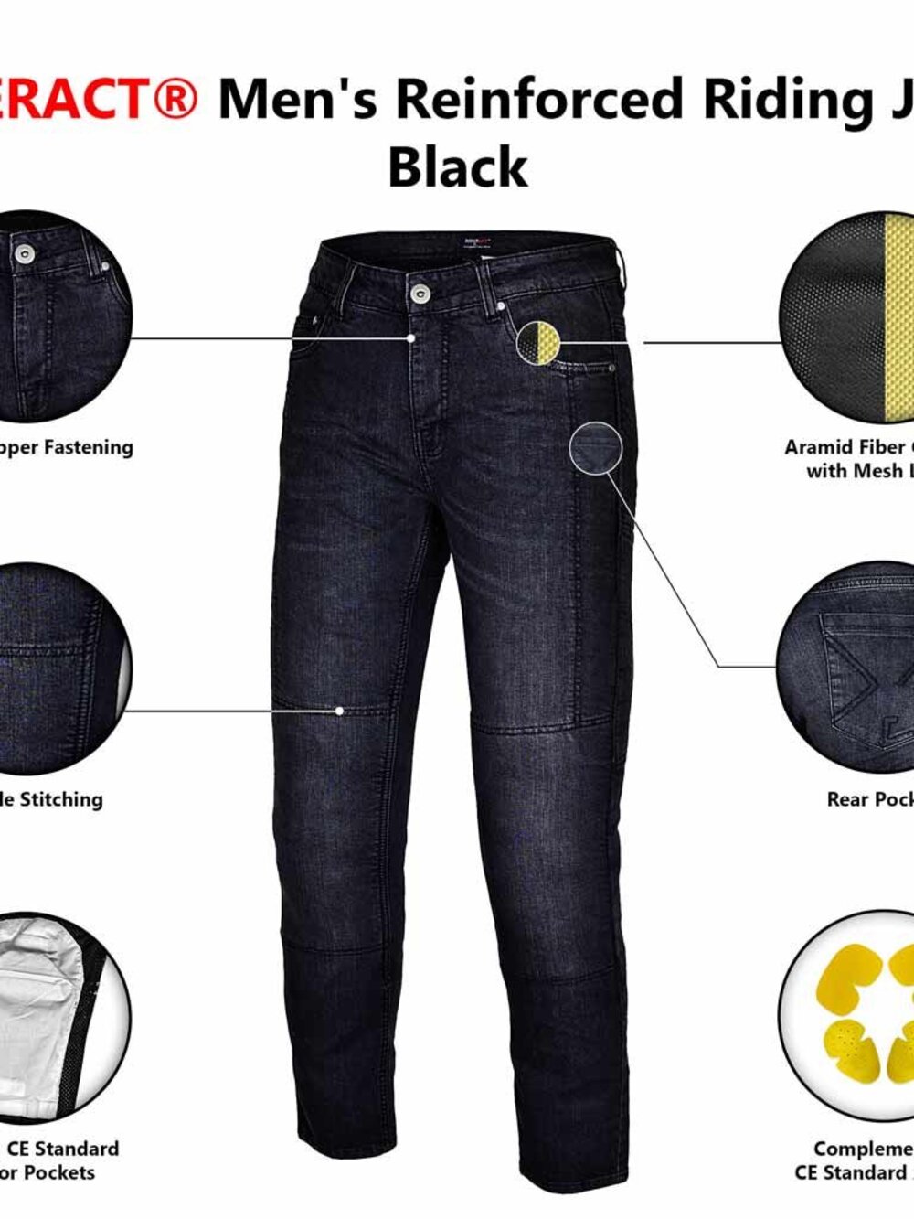 RIDERACT® Men’s Black Motorcycle Riding Jeans Denim Pants w/ CE Armor Size 38 - Picture 3 of 11